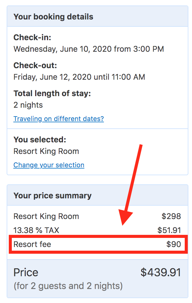 预订在拉斯维加斯度假酒店的费用
