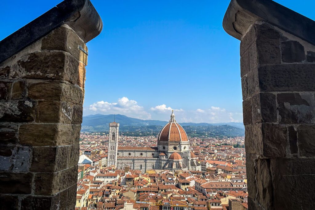 Views of il Duomo from the top of the Arnolfo Tower in the Palazzo Vecchio Florence Italy